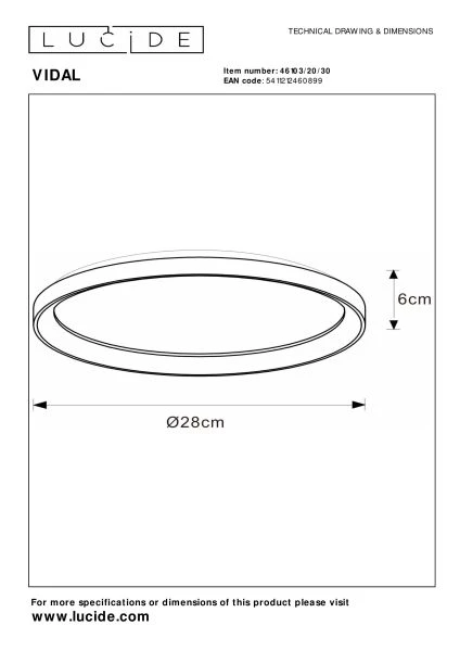 Lucide VIDAL - Deckenleuchte - Ø 28 cm - LED Dim. - 1x20W 2700K - Schwarz - TECHNISCH